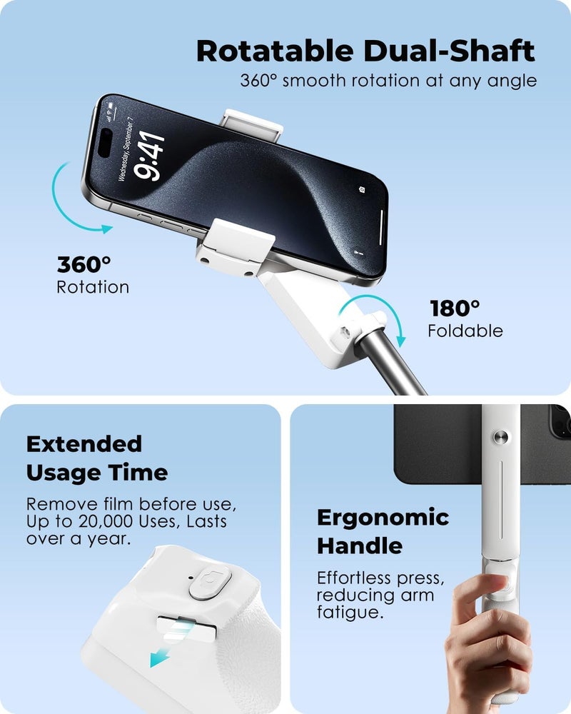 Viozon Portable Selfie Stick, Lightweight Extendable Stainless Steel Tube,All-in-One Compact Selfie Stick with Wireless Remote Compatible with 4-7" iPhone/Android Phones for Vlog/Travel/Filming, W - Image 4